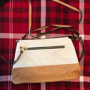 Two tone purse measures 12” L x 8.5” H x 2.5” W